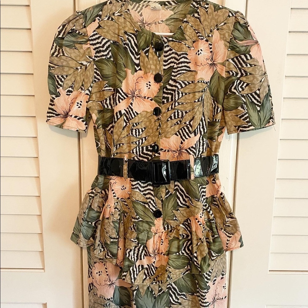 Vtg 80s Tropical Animal Print Belted Peplum Dress